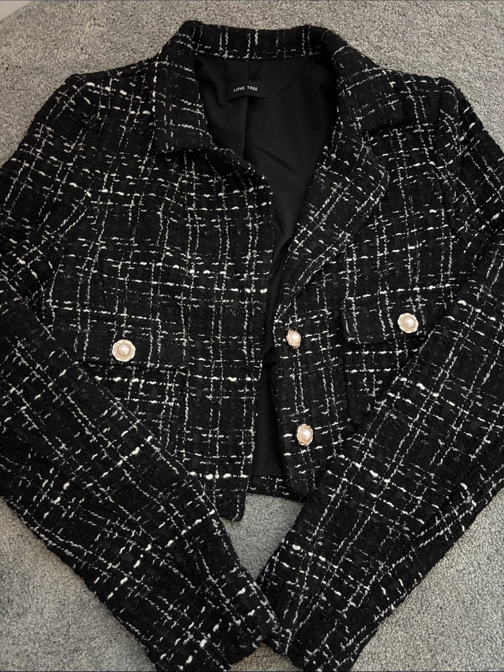 Love Tree Black Tweed Pearl-Button Cropped Jacket
